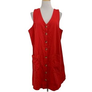 Old Navy V Neck 100% Cotton Button Front Sleeveless Mini Dress XL Red Pockets